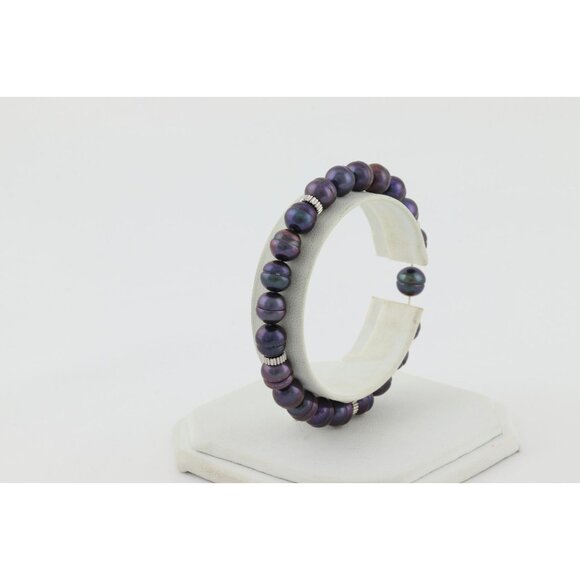 14k White Gold Bead and Freshwater Black Peacock Pearl Strech Bracelet 6 1/2" - Picture 6 of 7